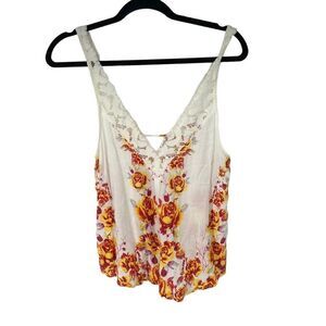 Free People Intimately White‎ Pink Yellow Floral Lace Straps Tank Top